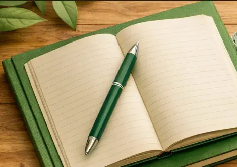 Een open schrift met een groene pen op een houten tafel