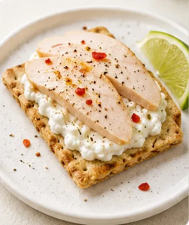 Cracker met cottage cheese, kipfilet, limoen en chilivlokken