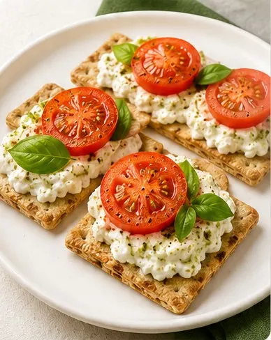 Crackers met cottage cheese, pesto en tomaat